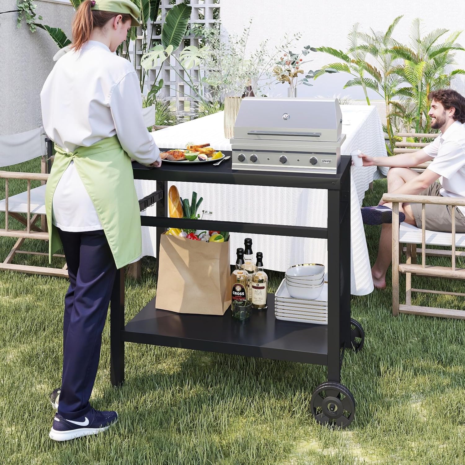 2-Tier Rolling Metal BBQ Prep Cart