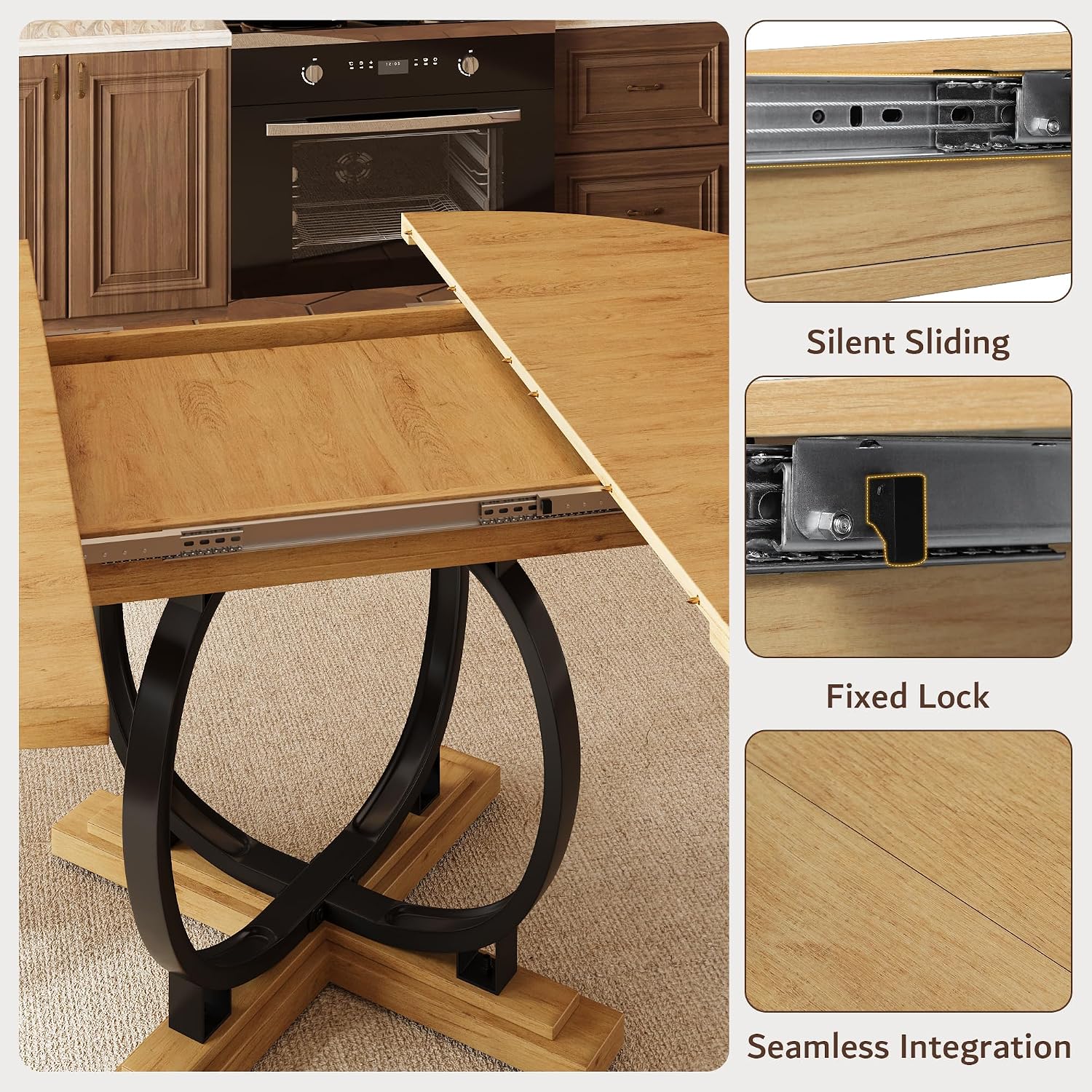 Oak Extendable Round Dining Table with X-Base Metal Legs
