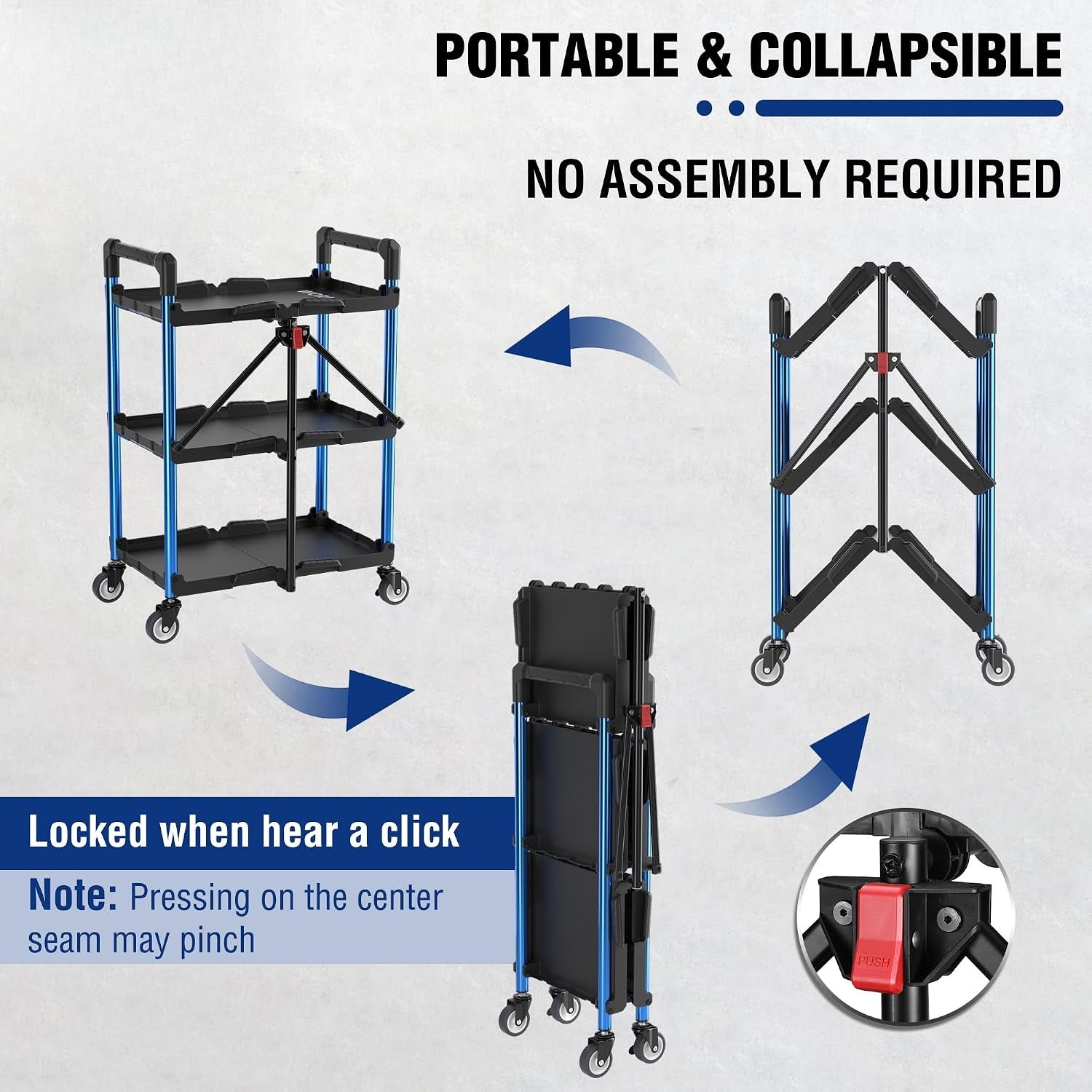 Foldable 3-Tier Rolling Service Cart